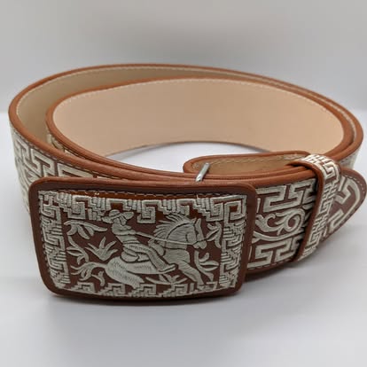 Brown leather mariachi belt with silver embroidered Greek key pattern and horseman buckle