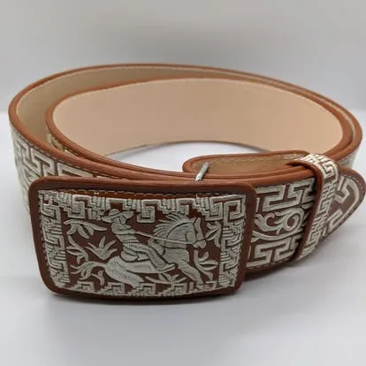 Brown leather mariachi belt with silver embroidered Greek key pattern and horseman buckle
