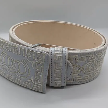 White leather mariachi belt with gold embroidered Greek key pattern