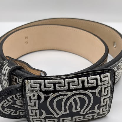 Black leather mariachi belt with silver embroidered Greek key pattern