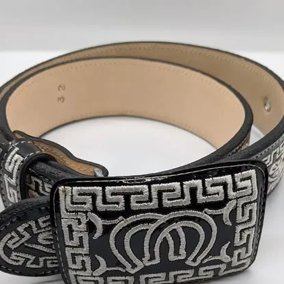 Black leather mariachi belt with silver embroidered Greek key pattern