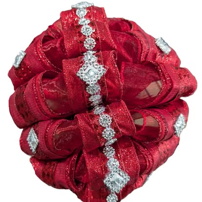 Red glitter mariachi hair bow with rhinestone crystal trim