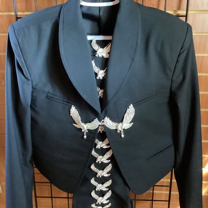 Black mariachi traje jacket with silver eagle botonadura accents